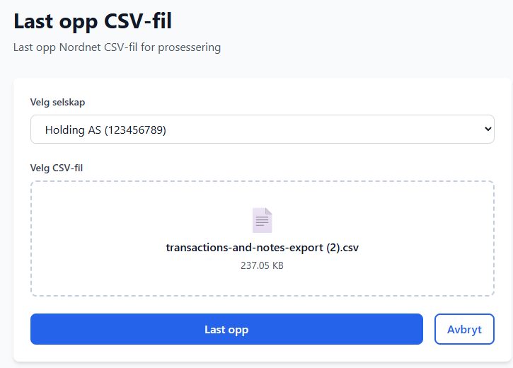 Skjermbilde av CSV-opplasting