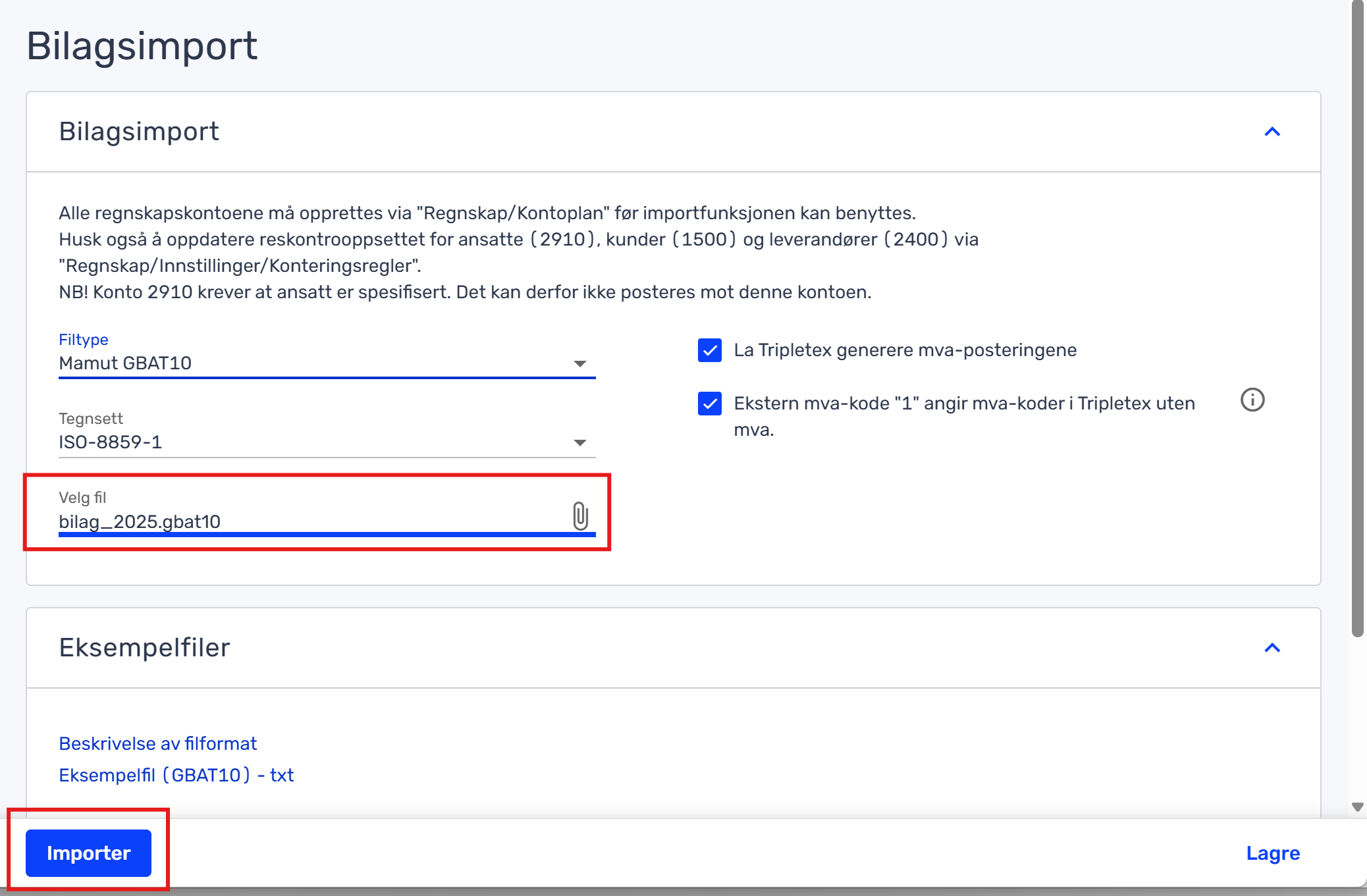 Skjermbilde av bilagsimport