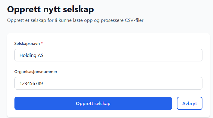 Skjermbilde av opprettelse av selskap