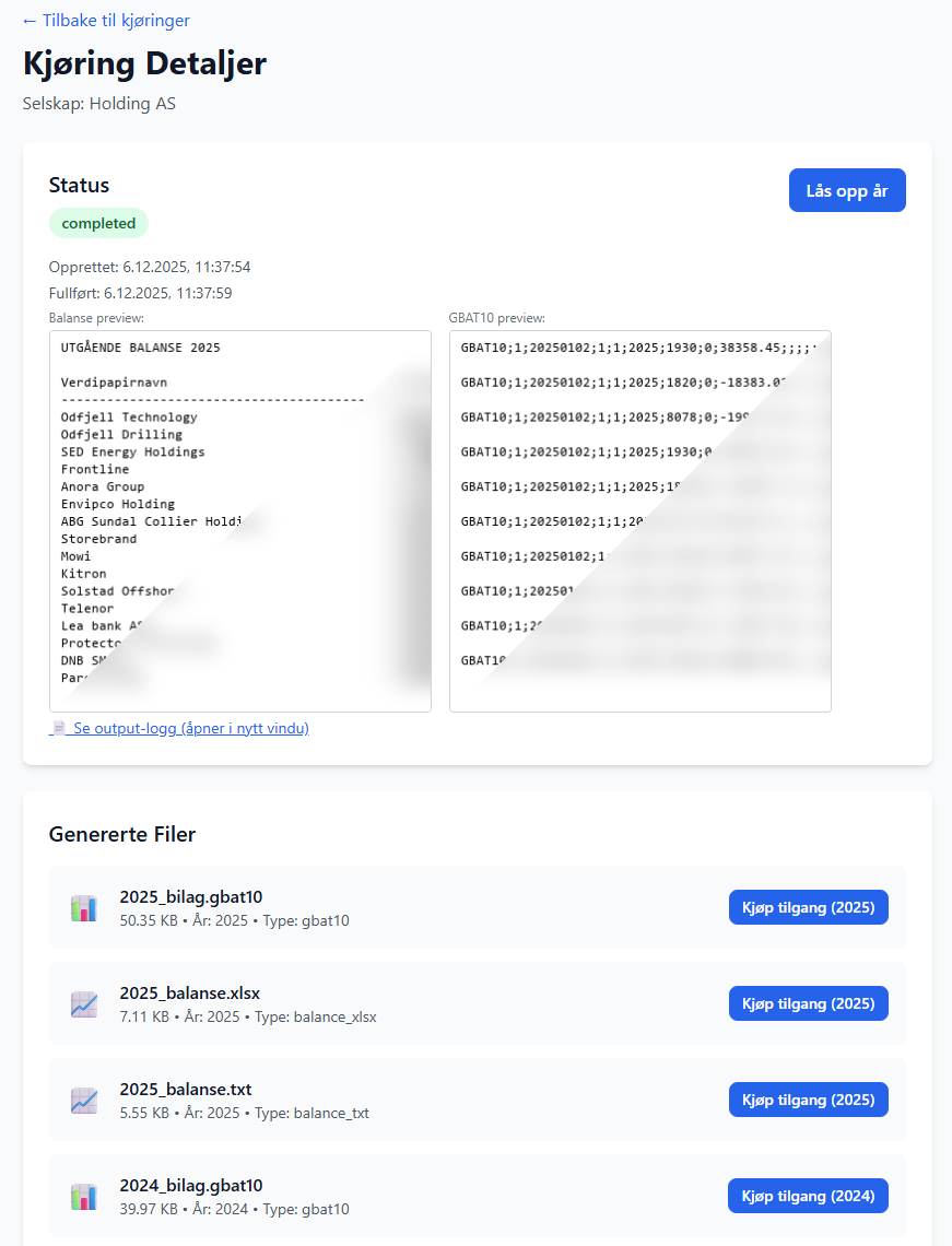 Skjermbilde av kjøringsdetaljer