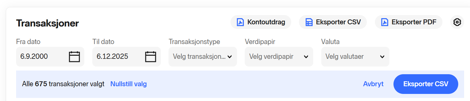 Skjermbilde av eksport av transaksjoner fra Nordnet
